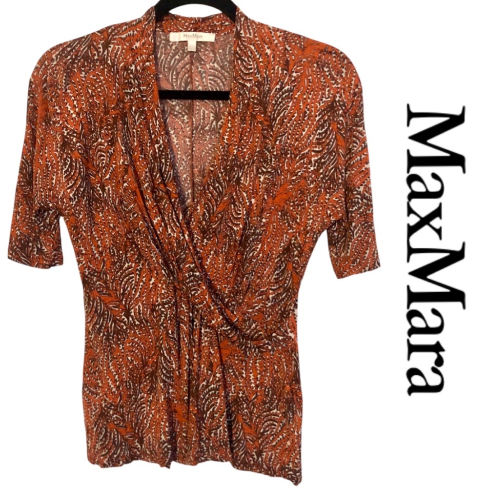 MaxMara Orange Brown Abstract Print Stretch Faux Wrap Blouse Top